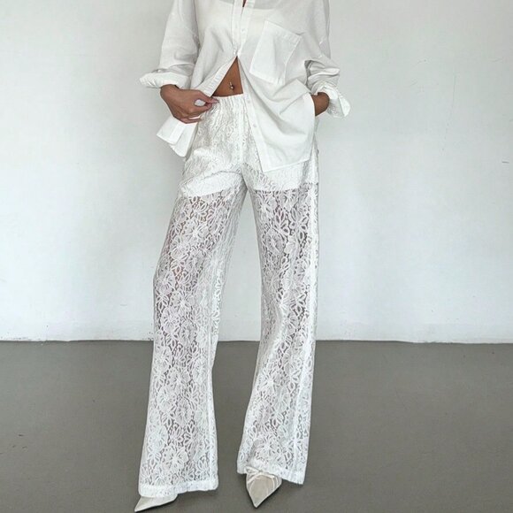 Casual Women's Lace See-Through Straight-Leg Pants - Picture 5 of 7